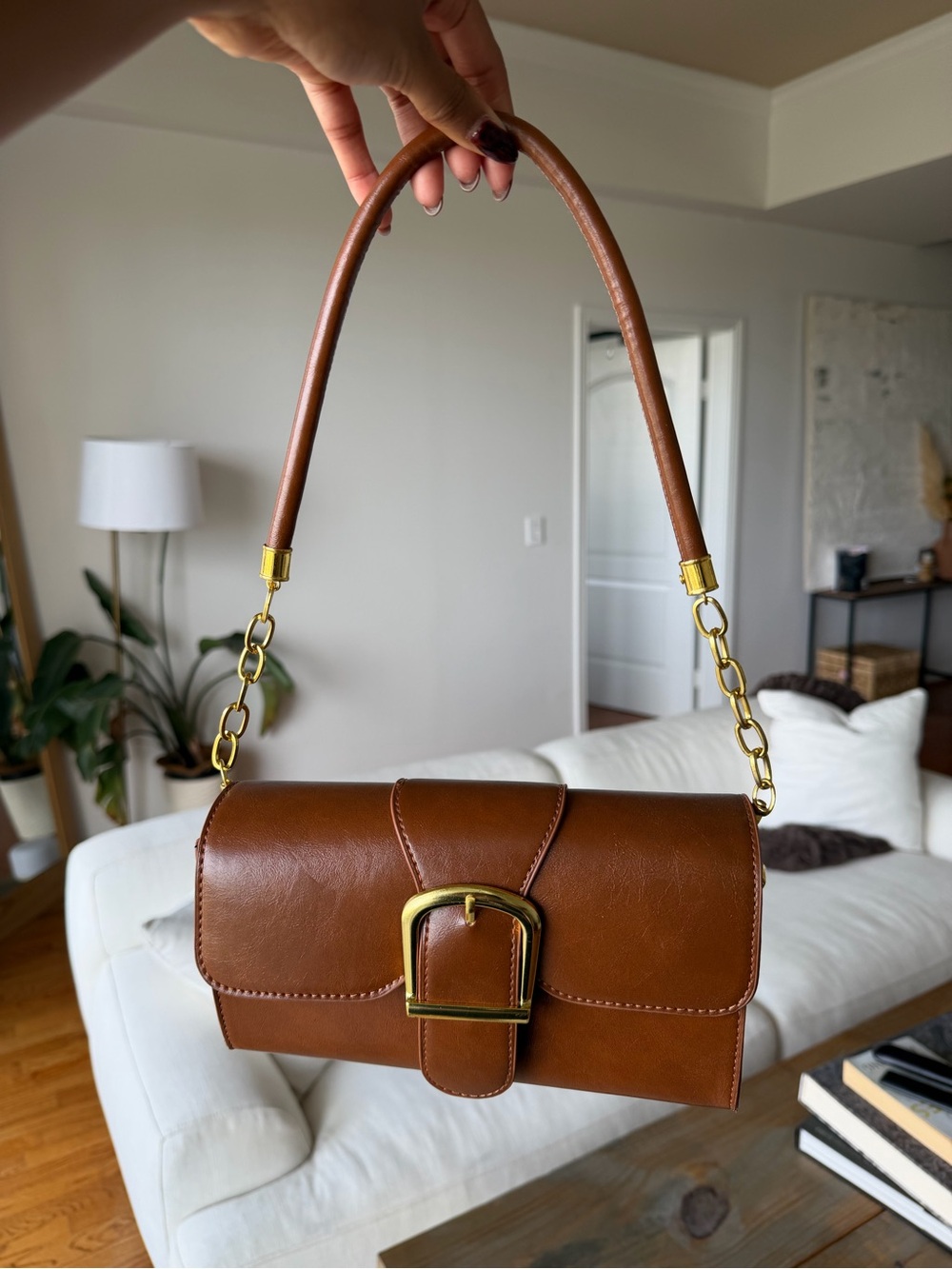 Classic Brown Faux Leather Shoulder Bag with Gold Buckle